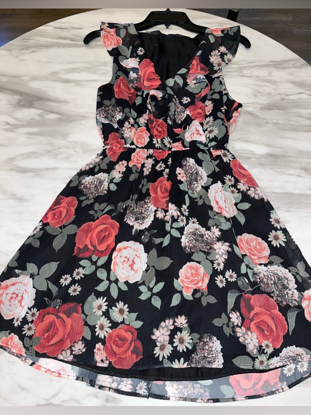 Women Size Small Black Floral Ruffle Dress Rose Print Fit & Flare Mini